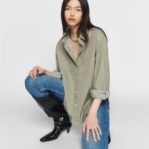 Reformation Will Oversized Striped Olive Green Button-Up Shirt